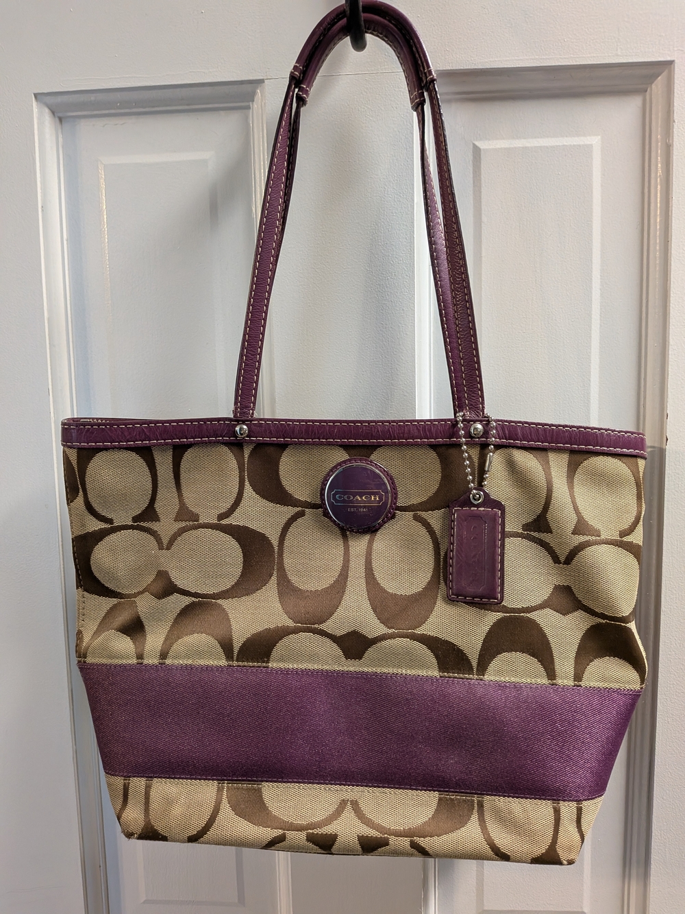 Coach Signature Canvas Tote with Plum Leather Trim